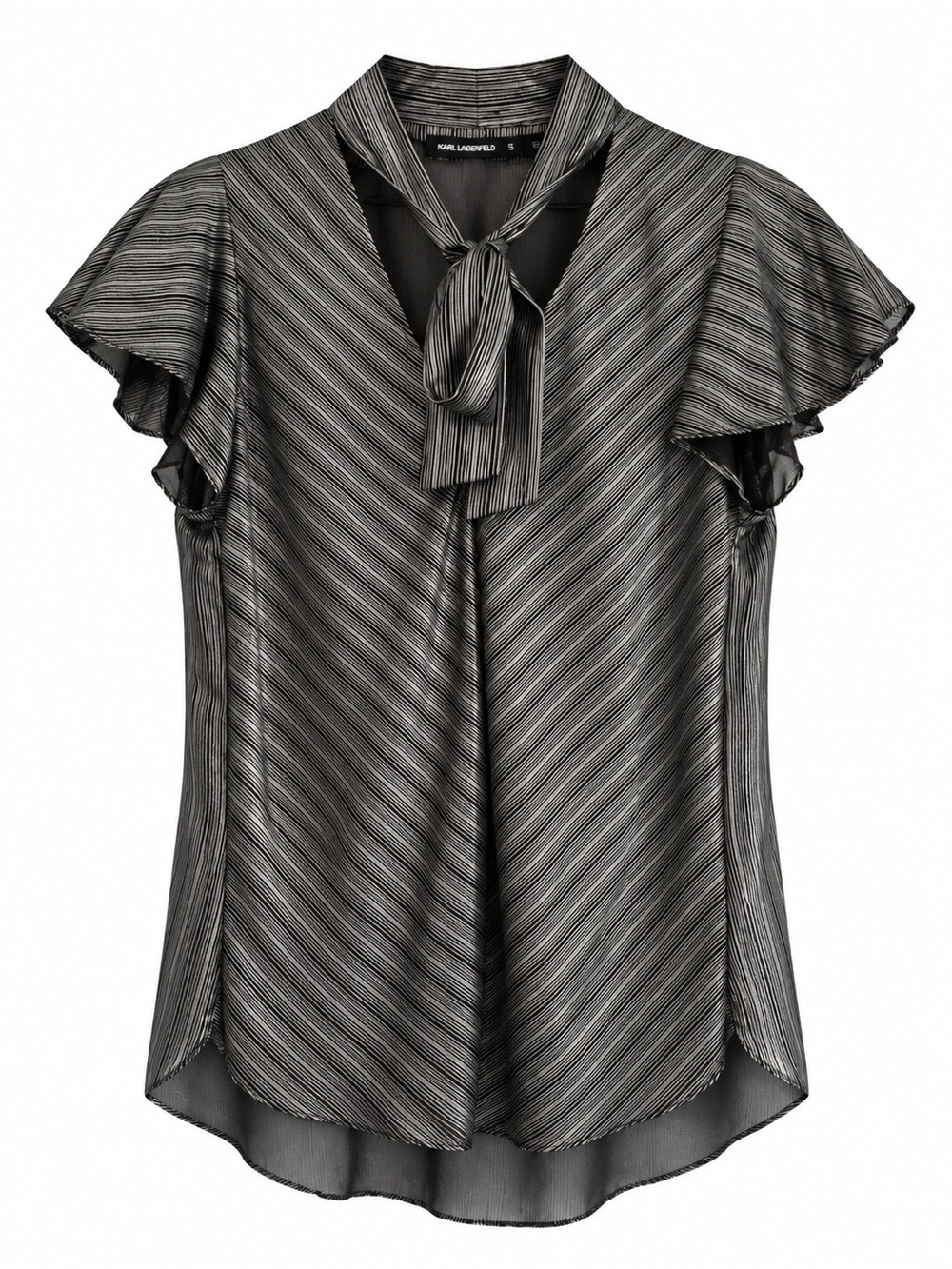 Karen Millen Metallic Silver-Gray Tie-Neck Flutter Sleeve Blouse